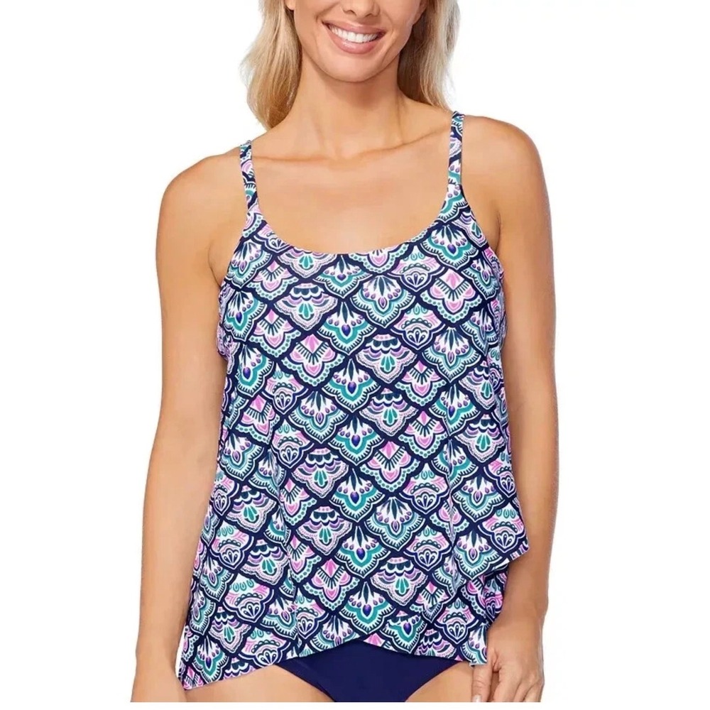 Island Escape‎ Womens Navy Pink Geometric Fan Tiered Ruffle Tankini Top Size 14